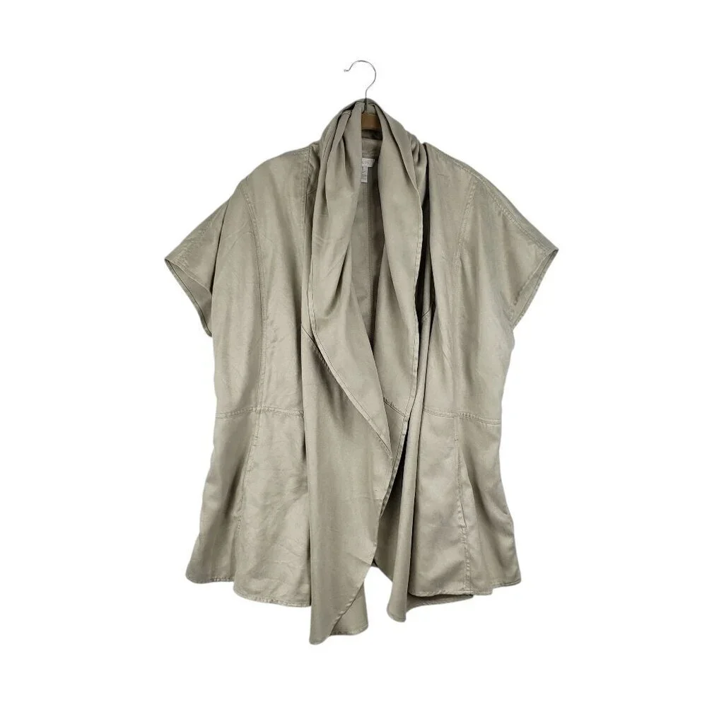 Chicos Faux Suede Vest Jacket Open Front Longline Drape Sleeve Beige Size 1 US M